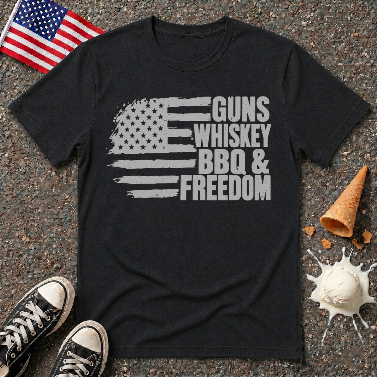 "Guns, Whiskey, BBQ & Freedom" Flag Tee