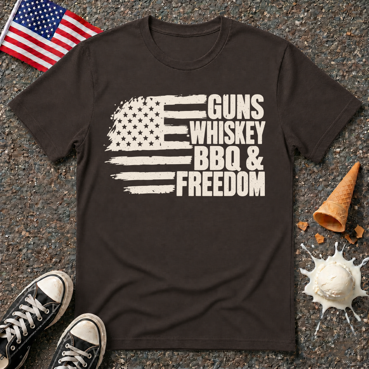 "Guns, Whiskey, BBQ & Freedom" Flag Tee
