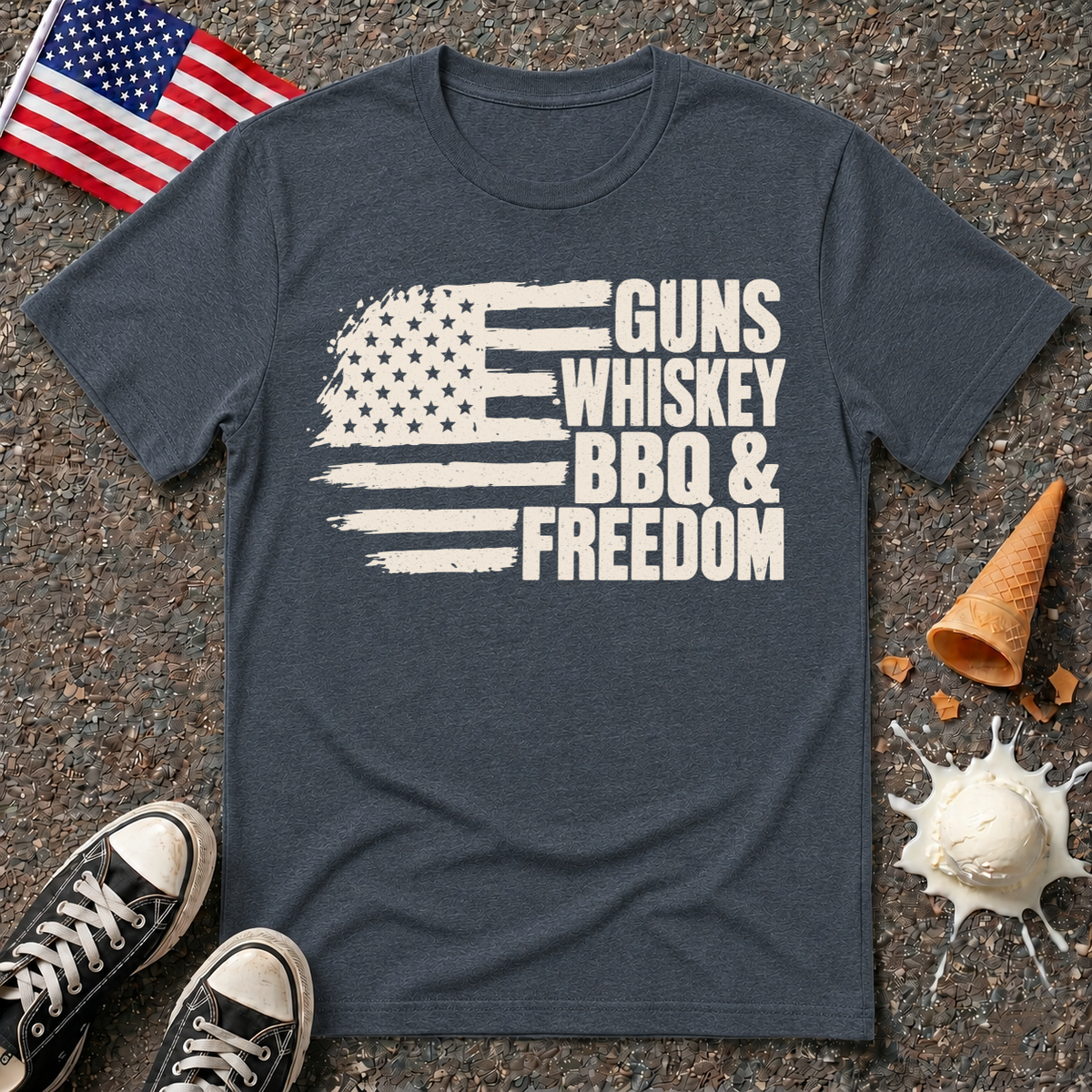 "Guns, Whiskey, BBQ & Freedom" Flag Tee