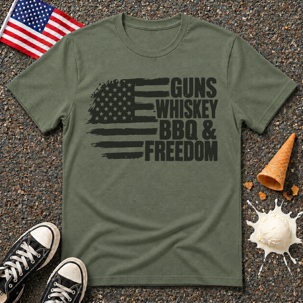 "Guns, Whiskey, BBQ & Freedom" Flag Tee
