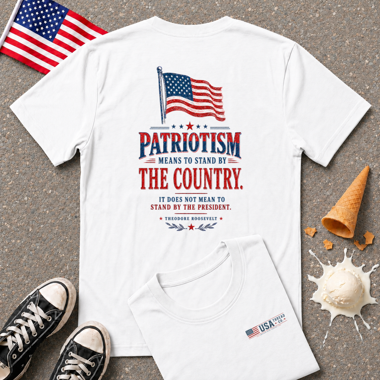 USA Flag Minimalist T-Shirt — Small Chest American Flag Design