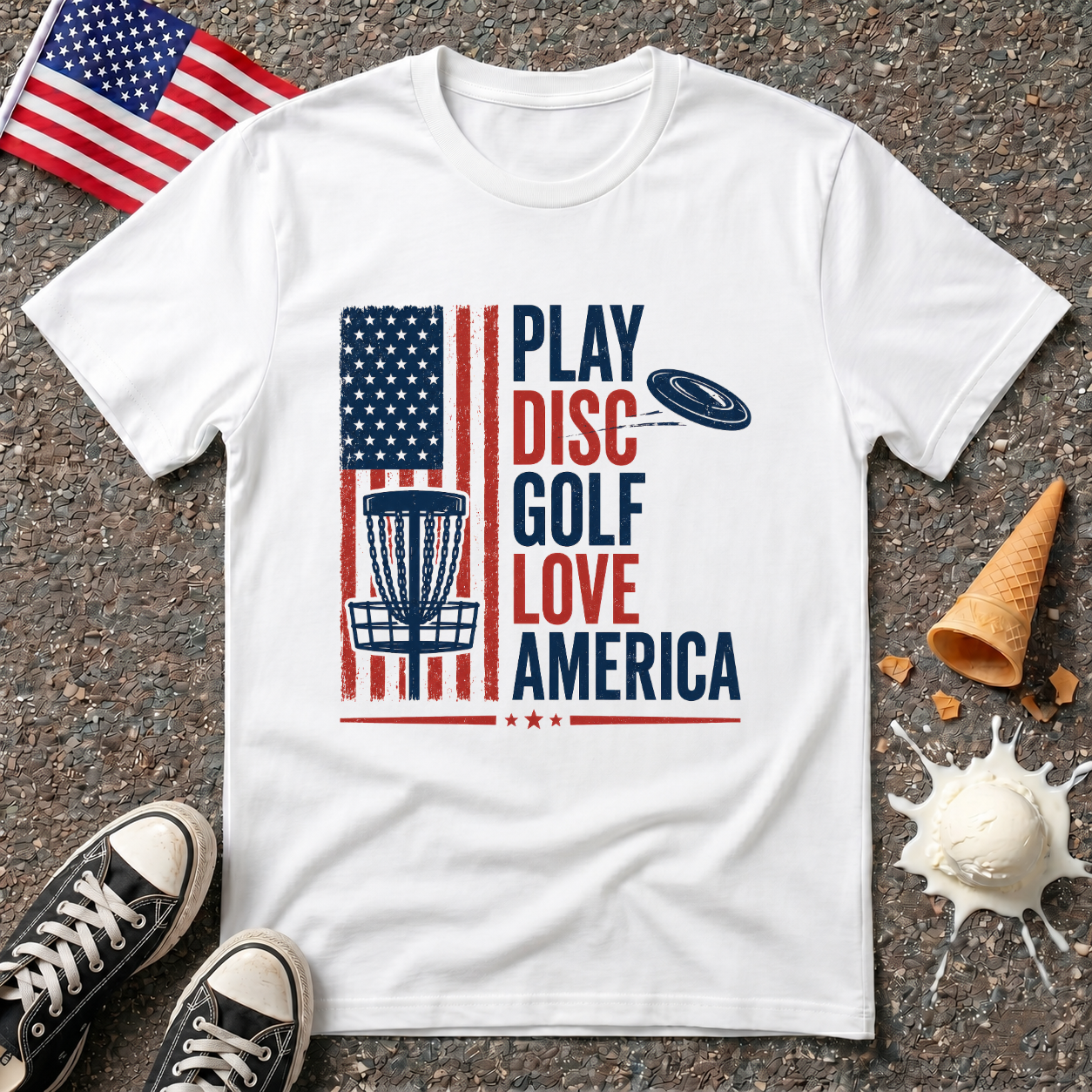 "Play Disc Golf, Love America" Tee